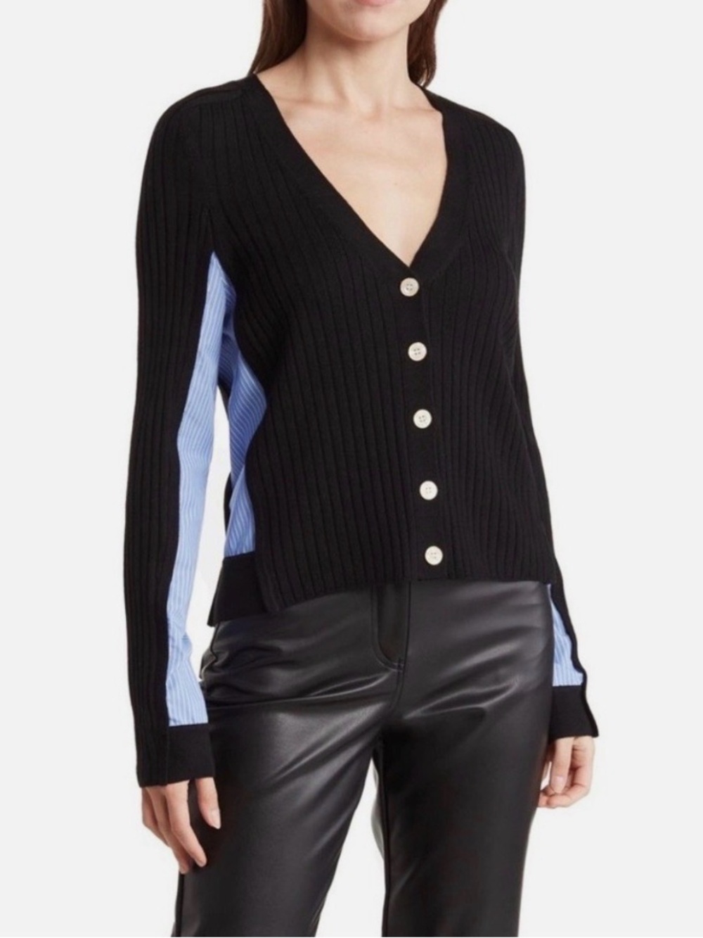 Veronica Beard Dayla Black Cardigan with Blue Pinstripe Side Panels